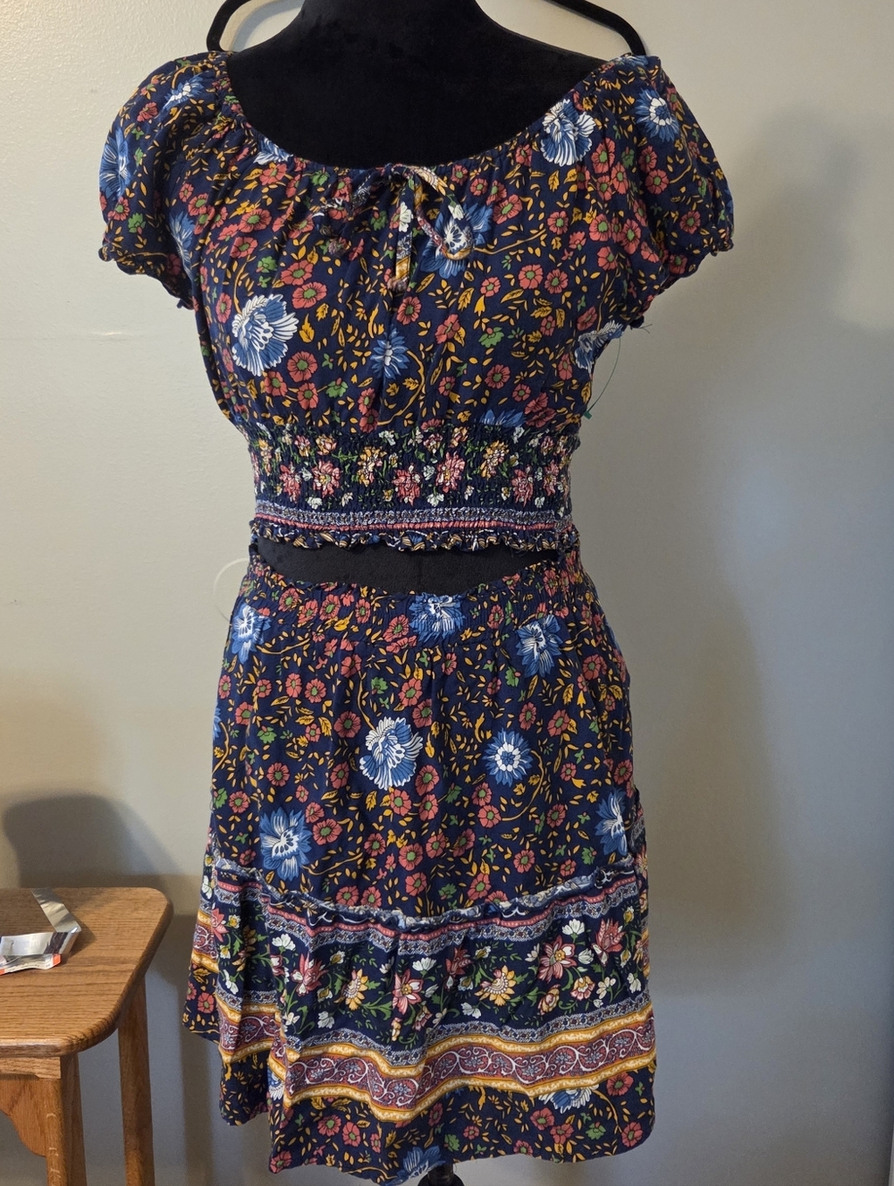 Simplee Womens Boho Floral Two-Piece Crop Top & Mini Skirt Set - Navy Sz L - Picture 6 of 10